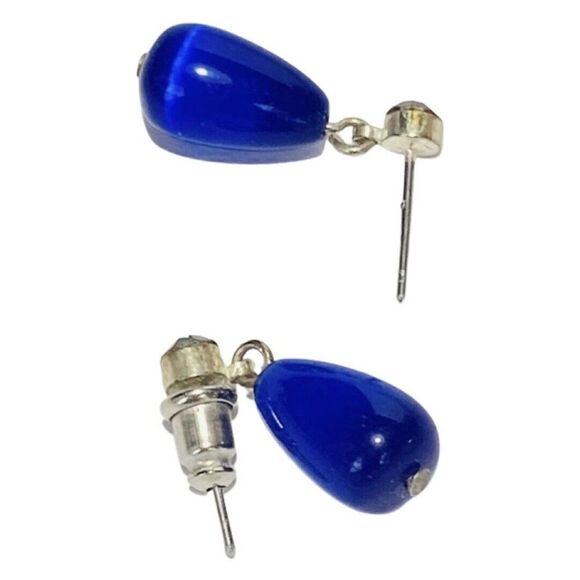 Vintage Royal Blue Glass Beaded Rhinestone Drop Dangle Pierced Women’s Earrings - Picture 3 of 6